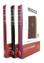 Portada de la Santa Biblia RVR1960 Letra Grande con Uñeros, con encuadernación en color negro, café rojizo o ciruela y diseño elegante.​